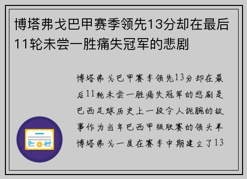博塔弗戈巴甲赛季领先13分却在最后11轮未尝一胜痛失冠军的悲剧 博塔弗戈巴甲赛季领先13分却在最后11轮未尝一胜痛失冠军的悲剧