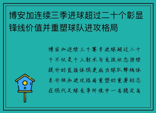 博安加连续三季进球超过二十个彰显锋线价值并重塑球队进攻格局